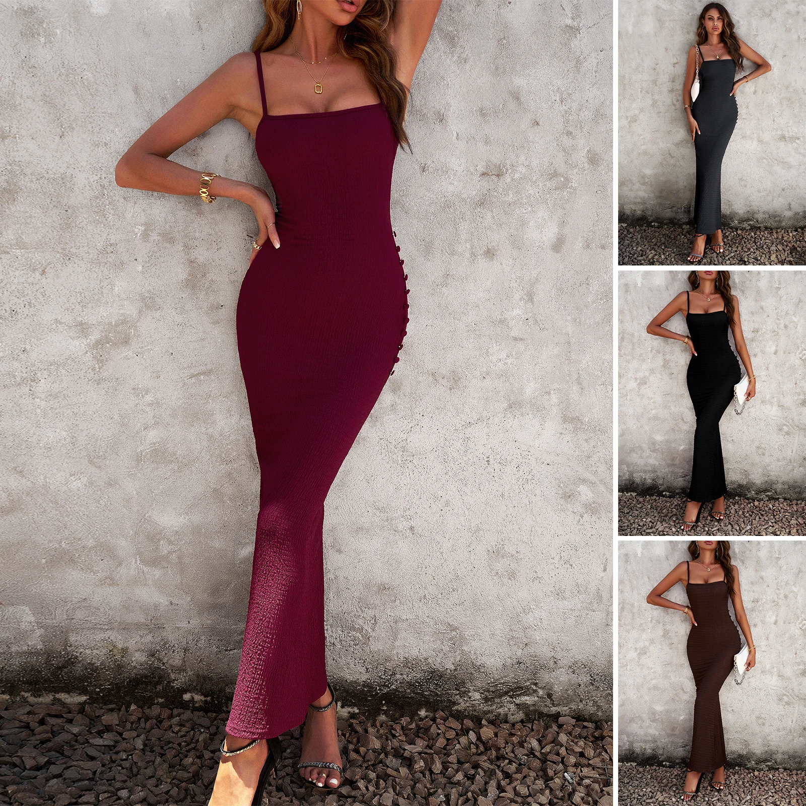 Women's Spaghetti Strap Bodycon Long Dress Sexy Backless Sleeveless Buttons Slip Skirt Solid Color Party Elegant Fashion Clothes
Women's Spaghetti Strap Bodycon Long Dress Sexy Backless Sleeveless Buttons Slip Skirt Solid Color Party Elegant Fashion Clothes
