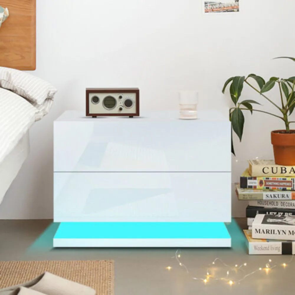 

Modern beside End Table Must-have Nightstand Cabinet High Gloss 2 Drawers W/ 16 Different Colours Led Light Bedroom for Home Use