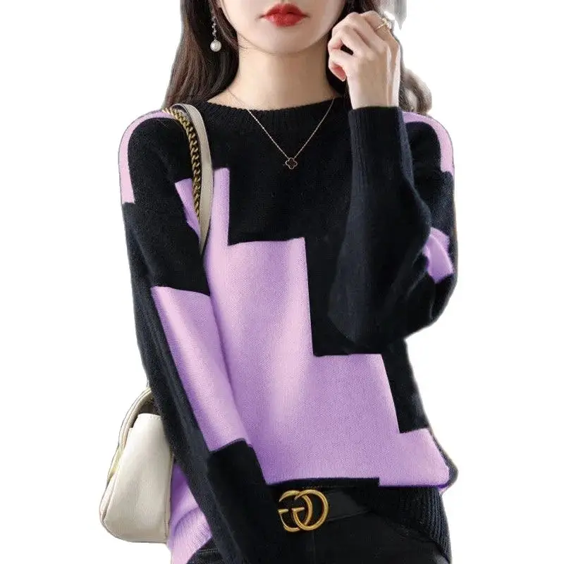 Elegant Color Matching Round Neck Sweater Female Casual Stitching Knitted Pullover Sweater Spring Autumn Loose Sweater Women
Elegant Color Matching Round Neck Sweater Female Casual Stitching Knitted Pullover Sweater Spring Autumn Loose Sweater Women