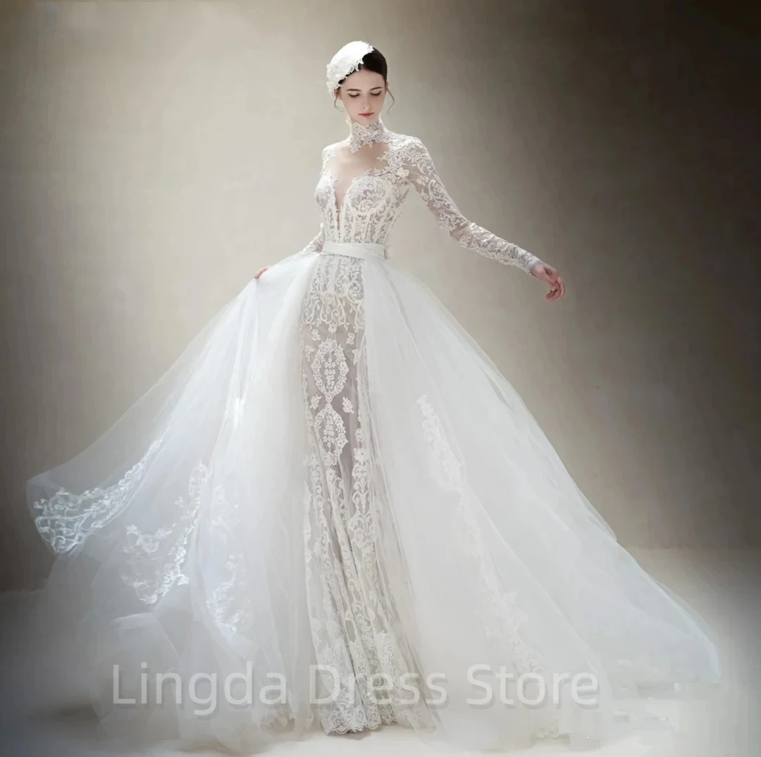 Elegant mermaid high neck applique long sleeve halter detachable tulle dress bridal wedding dress Vestidos de novia
Elegant mermaid high neck applique long sleeve halter detachable tulle dress bridal wedding dress Vestidos de novia