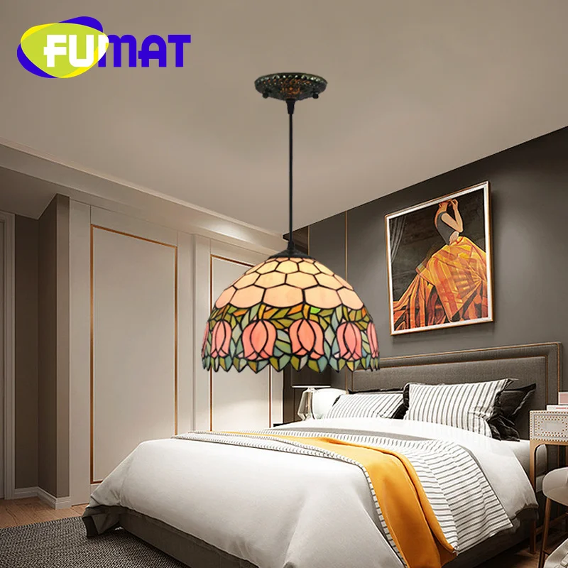 

FUMAT Tiffany Pastoral tulip stained glass chandelier Art Deco Living Room Bedroom Study Dining Room Balcony hanging light