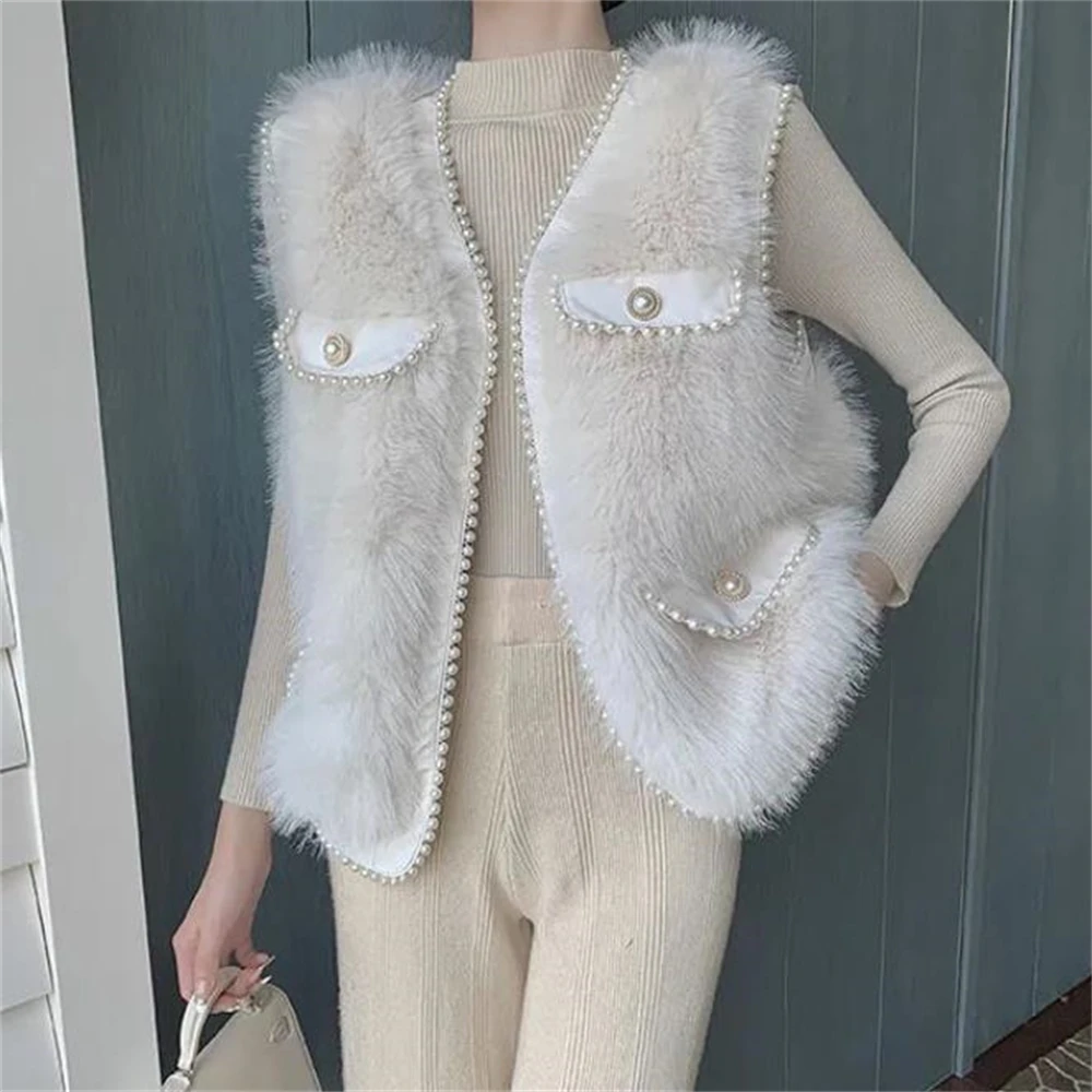 

Lady Warm Outwear Thick Waistcoat Gilet Women Imitation Fur Vest Autumn Winter Pocket Beading Sleeveless Fur Jacket Plus Cotton