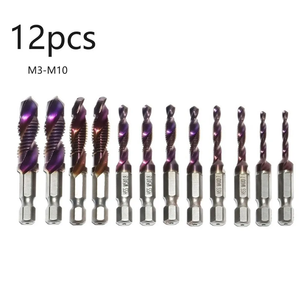 12pcs Tap Drill Bit Set M3 M4 M5 M6 M8 M10 Titanium Plated Hex Shank HSS Screw Thread Bit Screw Machine Compound Tap Hand Tools
12pcs Tap Drill Bit Set M3 M4 M5 M6 M8 M10 Titanium Plated Hex Shank HSS Screw Thread Bit Screw Machine Compound Tap Hand Tools