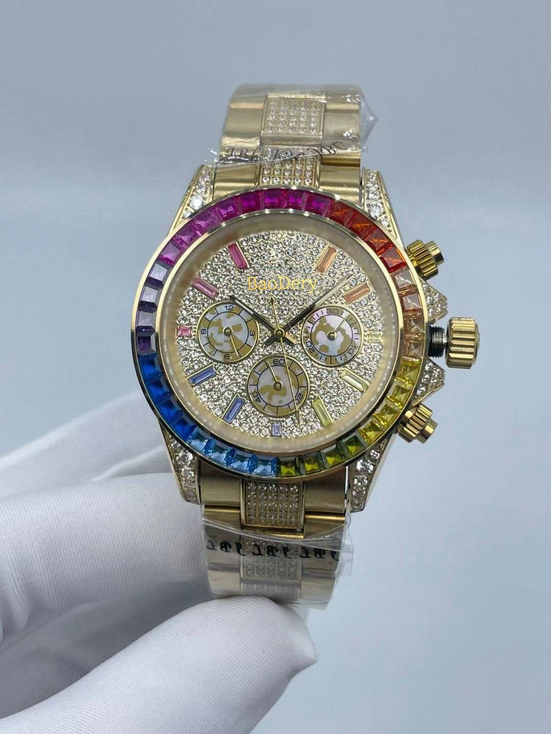 

40mm Luxury Mens Wrist Watch with Middle Row Diamond Starry Rainbow Diamond:Gold Dial, Auto Calendar, Waterproof