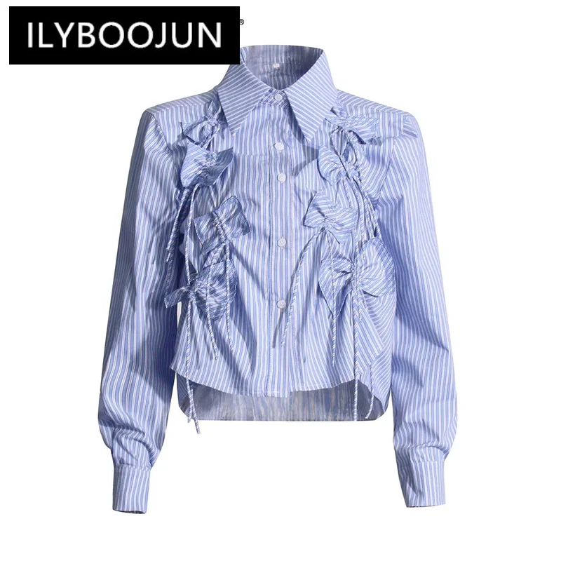

ILYBOOJUN Patchwork Bowknot Casual Shirts For Women Lapel Long Sleeve Spliced Single Breasted Blouse Female Fashion Clothes
