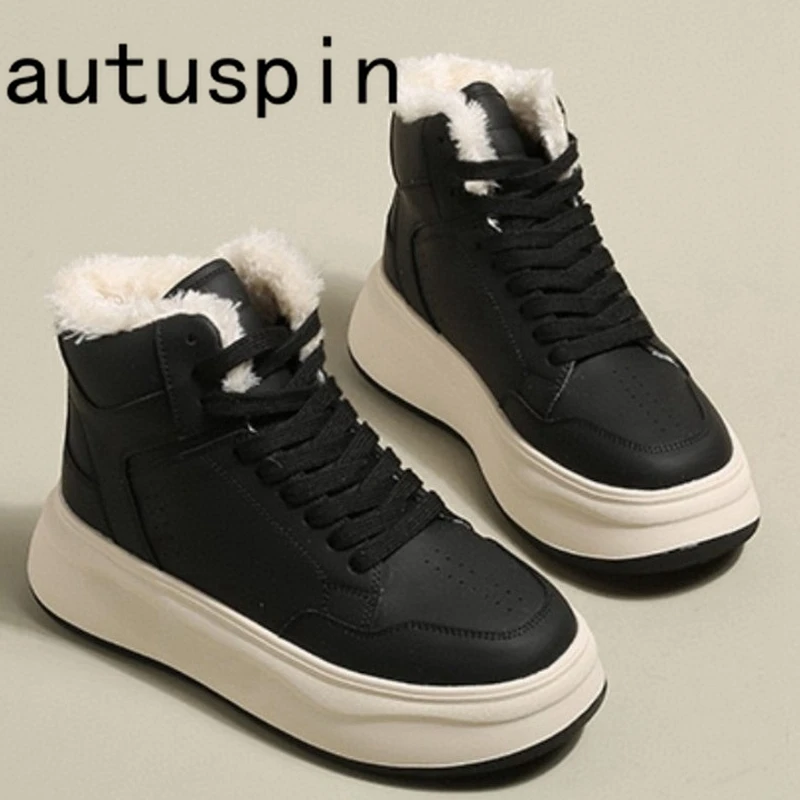 

AUTUSPIN Winter High Top Sneakers Fashion Warm Plush Casual Sports Vulcanized Shoes Female Flat Platforms Lace-up Sneaker Woman