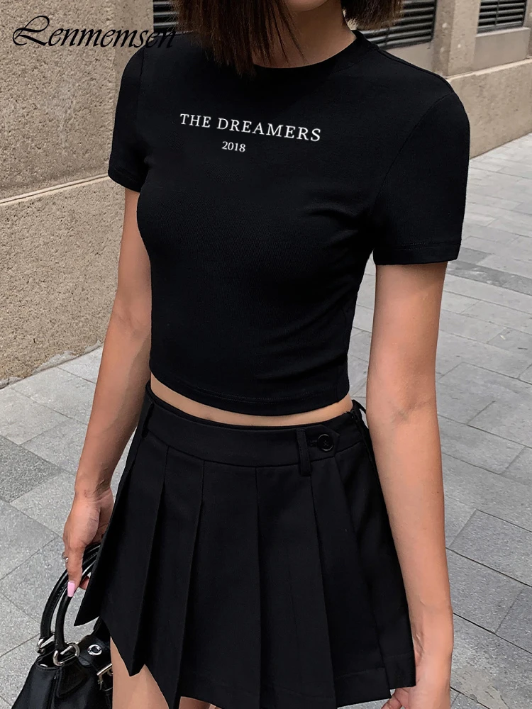 

Lenmemsen, корейские футболки с коротким рукавом для женщин 2023, летние мягкие хлопковые футболки с буквенным принтом, укороченные Повседневные базовые Женские топы с круглым вырезом