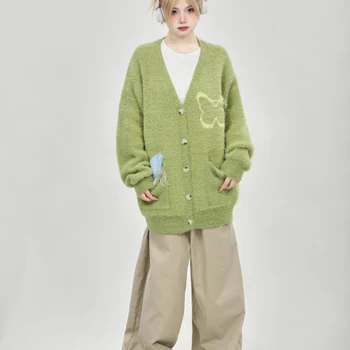 아보카도 컬러 부드러운 찹쌀 나비 크로 셰 뜨개질 스웨터 겉옷 여성 게으른 느슨한 오버 사이즈 프레피 니트 조수