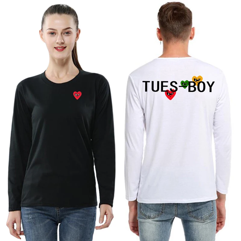 Мужская и женская футболка с круглым вырезом, хлопковая Осенняя Повседневная футболка с длинными рукавами и мультяшным принтом сердечек и надписей на спине
Мужская и женская футболка с круглым вырезом, хлопковая Осенняя Повседневная футболка с длинными рукавами и мультяшным принтом сердечек и надписей на спине