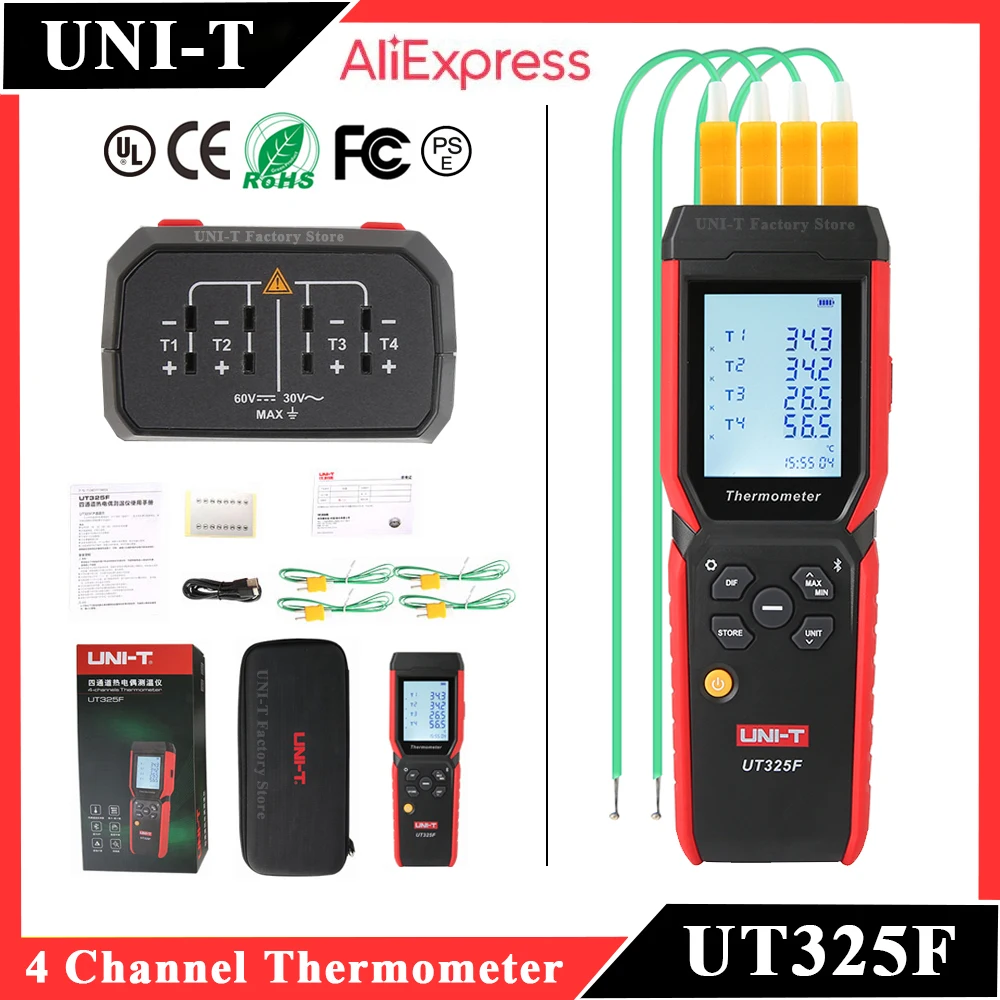 

Цифровой термометр UNI-T UT325F, 4-канальный регистратор данных о температуре K J T E R S N, Bluetooth