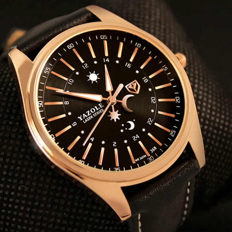 

YAZOLE Watch Men Fashion Design Dial Sun Moon Watches Leather Band Analog Quartz Wristwatches Men Casual Business Watches