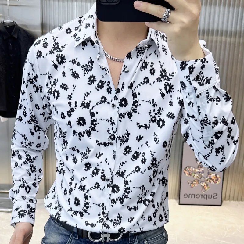 

Korean Slim Fit Trendy Men Shirt 2024 Spring Long Sleeved Floral Shirt For Men Casual Vintage Tuxedo Shirt Camisa Social Hombre