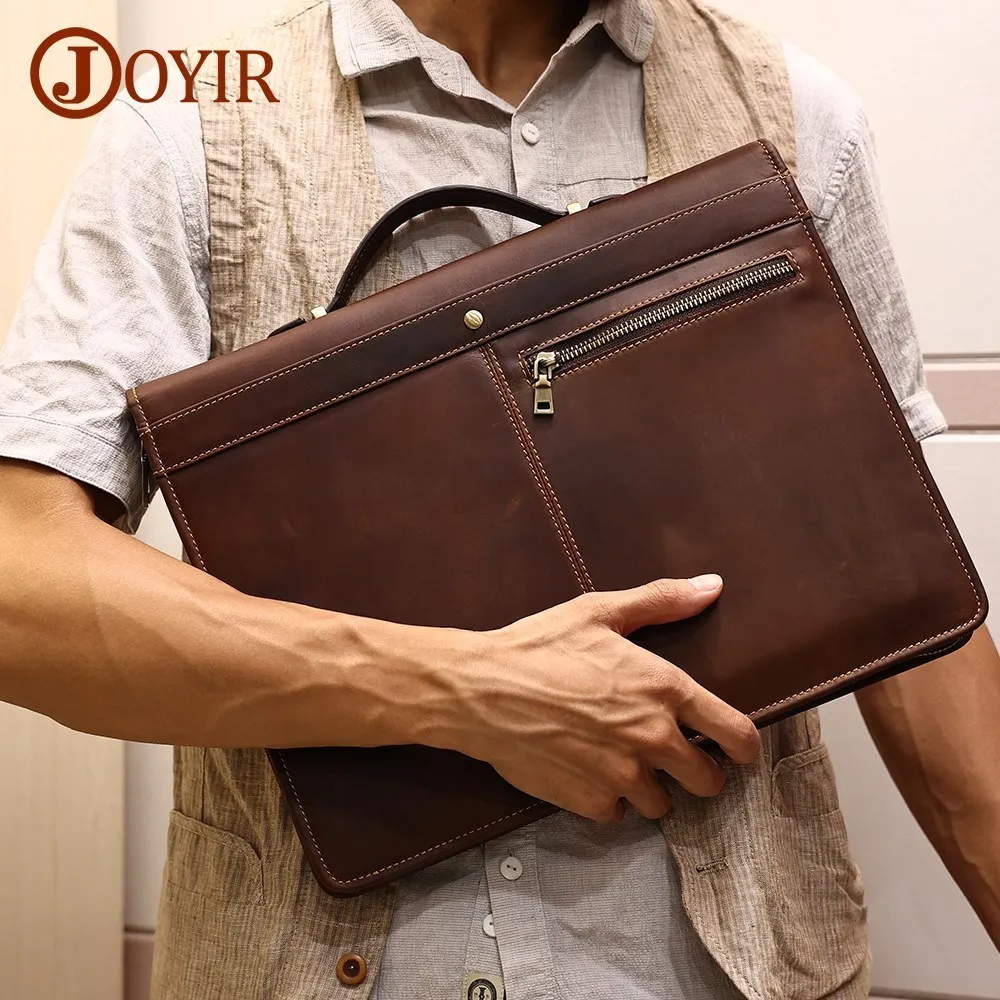 

JOYIR Crazy Horse Leather Briefcase Top-Handle Bags 13.3" Laptop iPad Portfolio Case Business Office Document Bag Male New