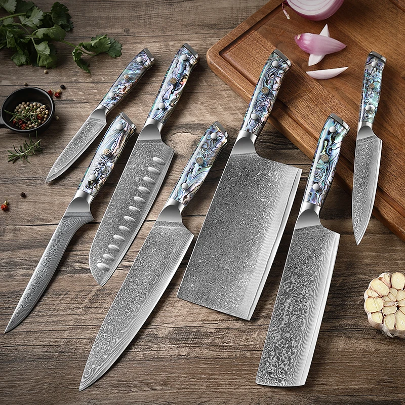 

TJ POP 7 Pcs Damascus Steel Kitchen Knives Set Sharp Japanese VG10 Santoku Nakiri Boning Cleaver Chef Knife Abalone Shell Handle
