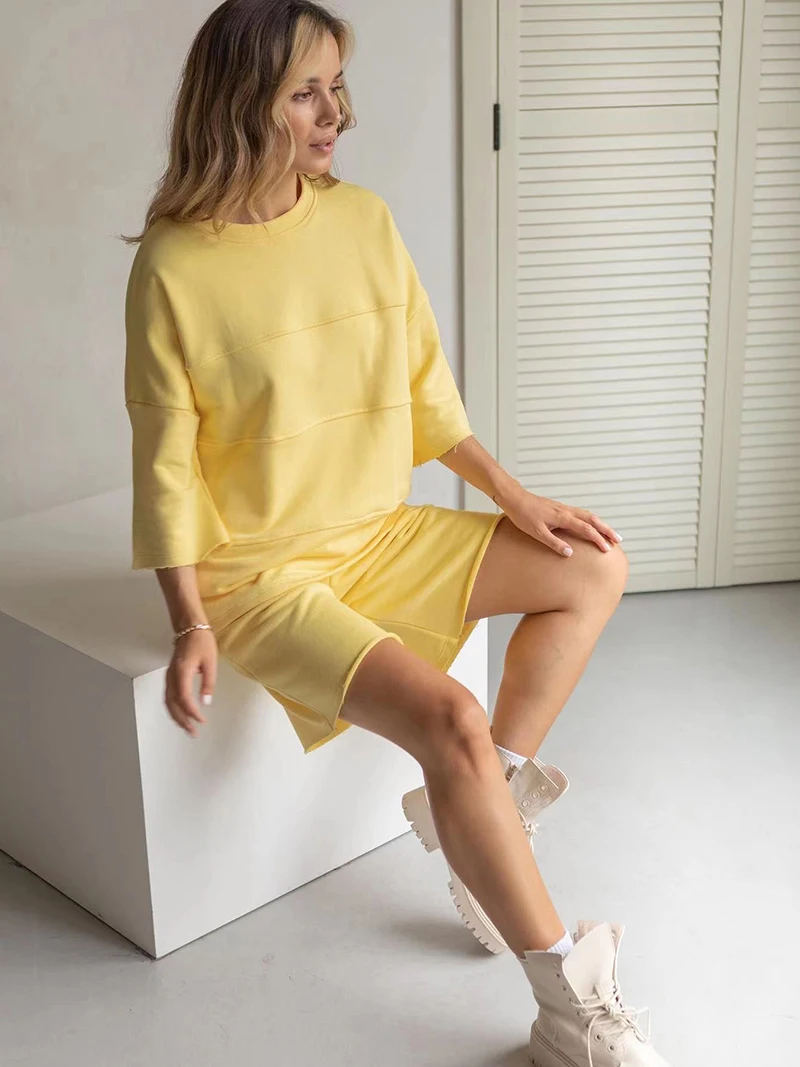 Bornladies Sommer 100% Baumwolle Sets Frauen Casual Zwei Stücke Halbe Hülse Patchwork T Shirts & Hohe Taille Shorts Outfits Trainingsanzug Bornladies Sommer 100% Baumwolle Sets Frauen Casual Zwei Stücke Halbe Hülse Patchwork T Shirts & Hohe Taille Shorts Outfits Trainingsanzug