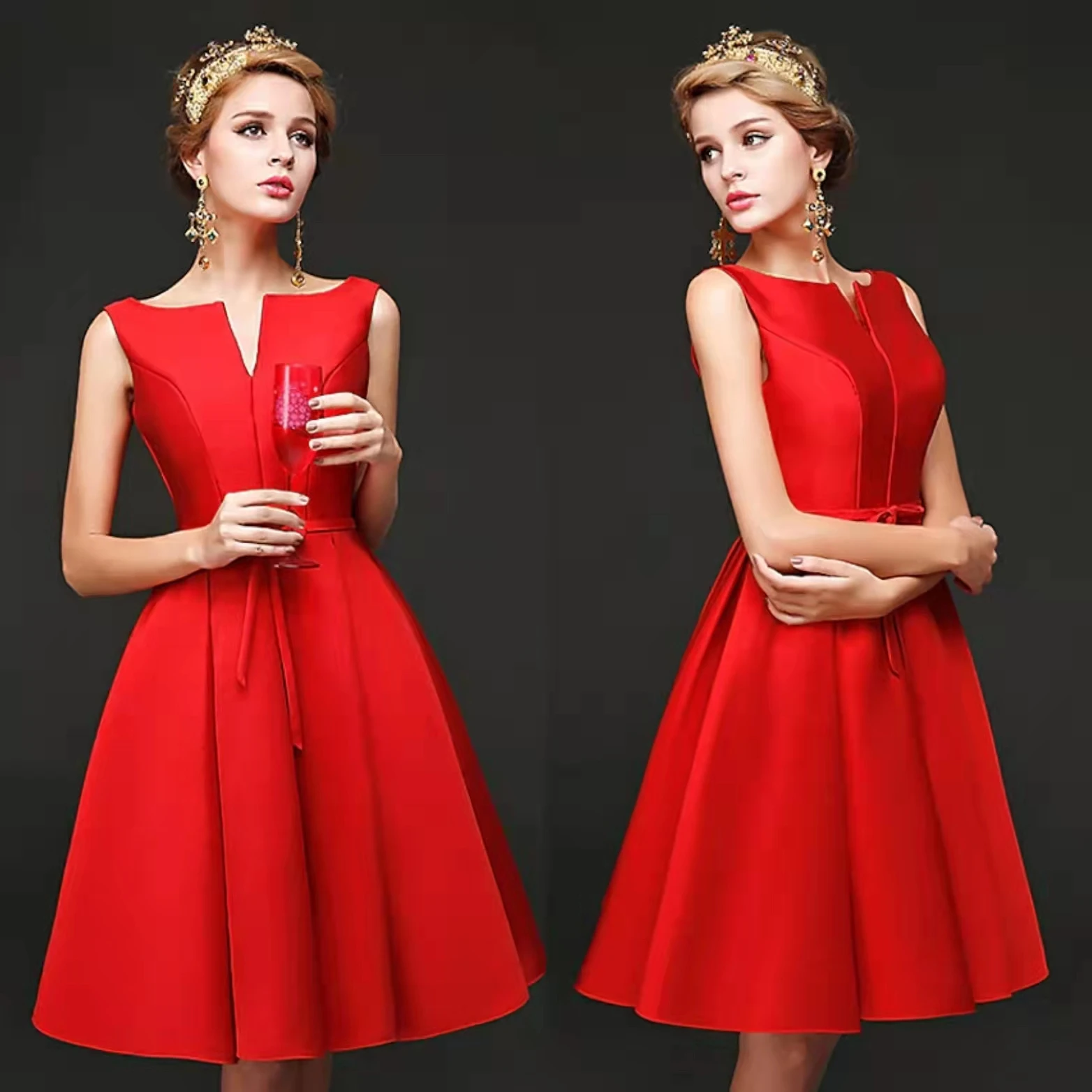 Vintage Short Red Satin Homecoming Dresses With Pockets A-Line V-Neck Sleeveless Party Wear Cocktail Party Dress for Women
Vintage Short Red Satin Homecoming Dresses With Pockets A-Line V-Neck Sleeveless Party Wear Cocktail Party Dress for Women