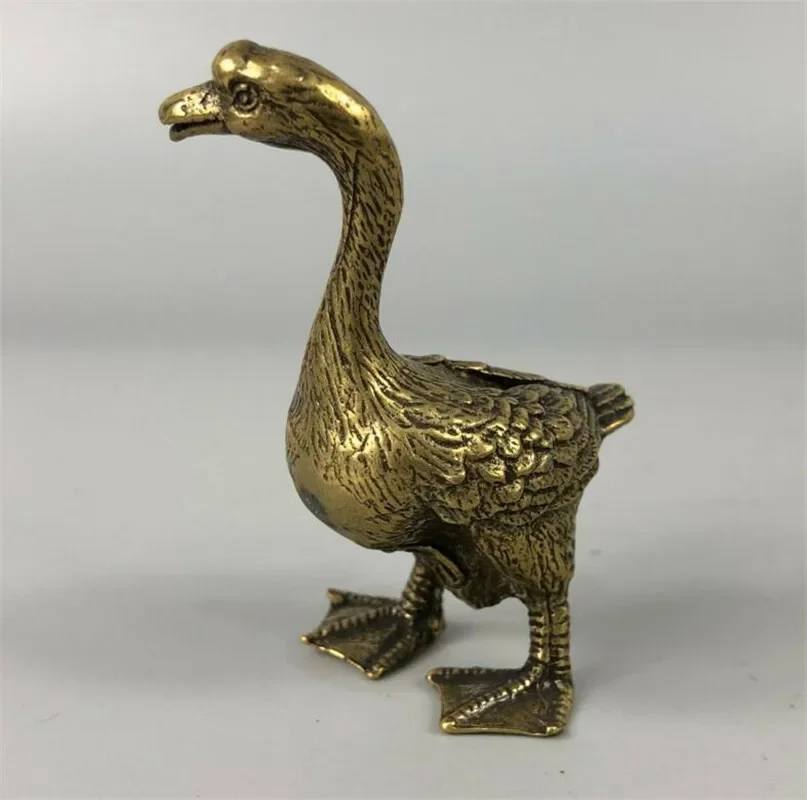 

Copper Statue Exquisite Chinese Collectible Old Brass Handwork Lifelike Long Neck Goose Animal Statue