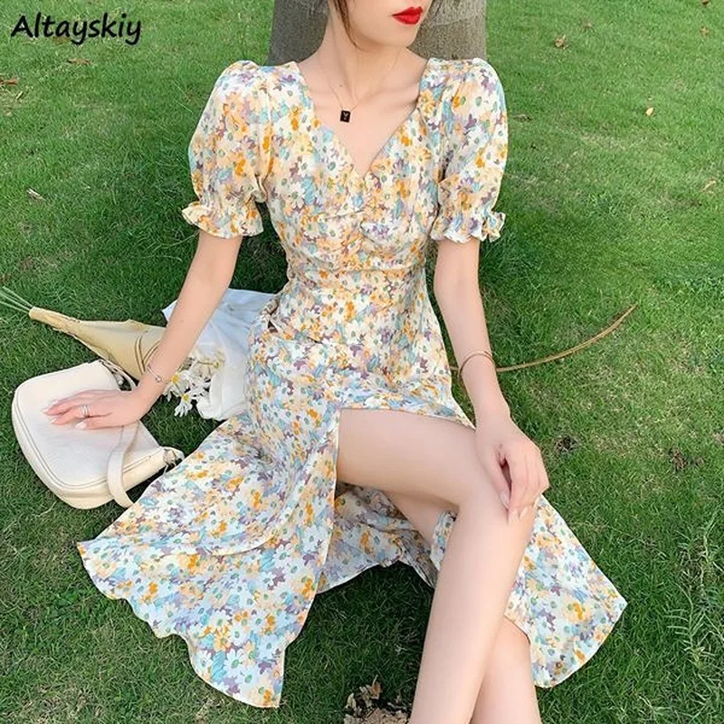 

Dress Women Side-slit Sexy Lady Chiffon Summer Elegant All-match Puff Sleeve Floral Платье Женское Holiday V-neck New Design Ins