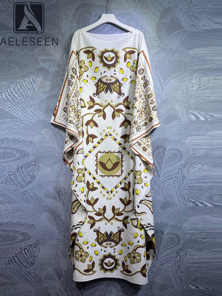 

AELESEEN Vintage Women Autumn Loose Dress Designer Fashion Batwing Geometric Ethnic Retro Flower Print Long Holiday Party