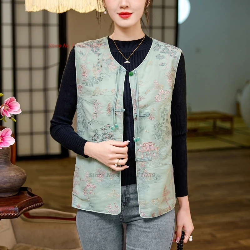 

2024 woman vintage hanfu tops chinese traditional vest national flower embroidery sleeveless jacket oriental ethnic tang suit