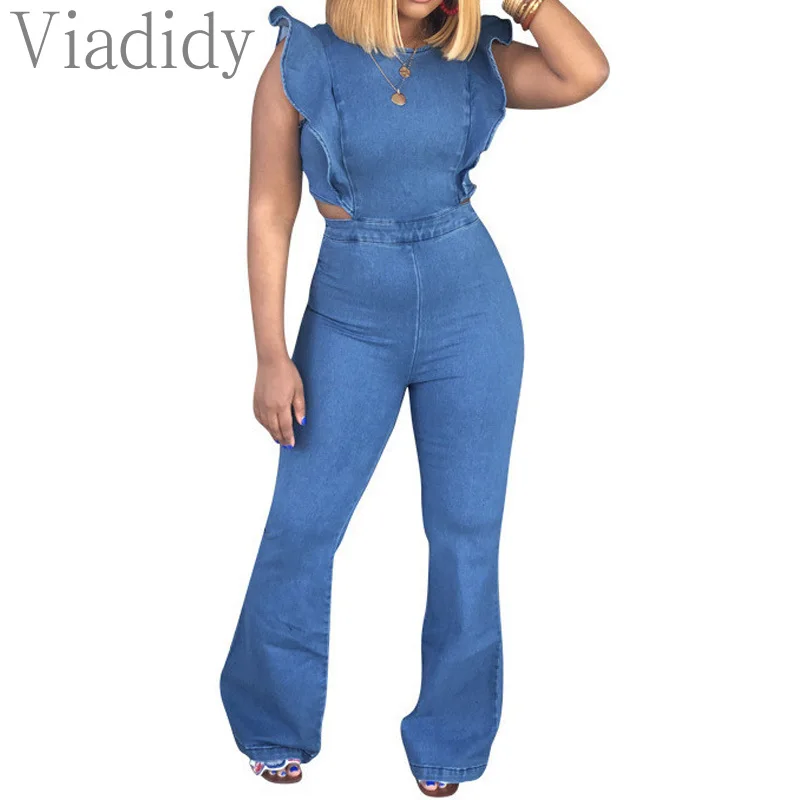 Women Sexy Solid Color Round Neck Flying Sleeve Hollow Out Backless Zipper Back Flare Leg Denim Jumpsuits
Women Sexy Solid Color Round Neck Flying Sleeve Hollow Out Backless Zipper Back Flare Leg Denim Jumpsuits