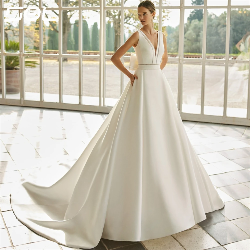 SOL Simple Spaghetti Straps V Neck Satin Wedding Dresses Elegant Backless A-Line Sweep Train Bridal Gowns Vestidos De Novia
SOL Simple Spaghetti Straps V Neck Satin Wedding Dresses Elegant Backless A-Line Sweep Train Bridal Gowns Vestidos De Novia
