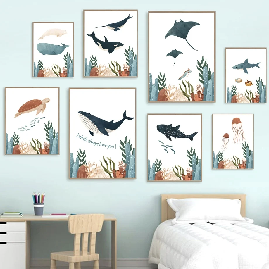 

Wall Art Canvas Paintings for Kids Room Decor, Poster and Pictures, Whale, Turtle, Shark, Jellyfish, Fish, Coral, Ocean Animal N