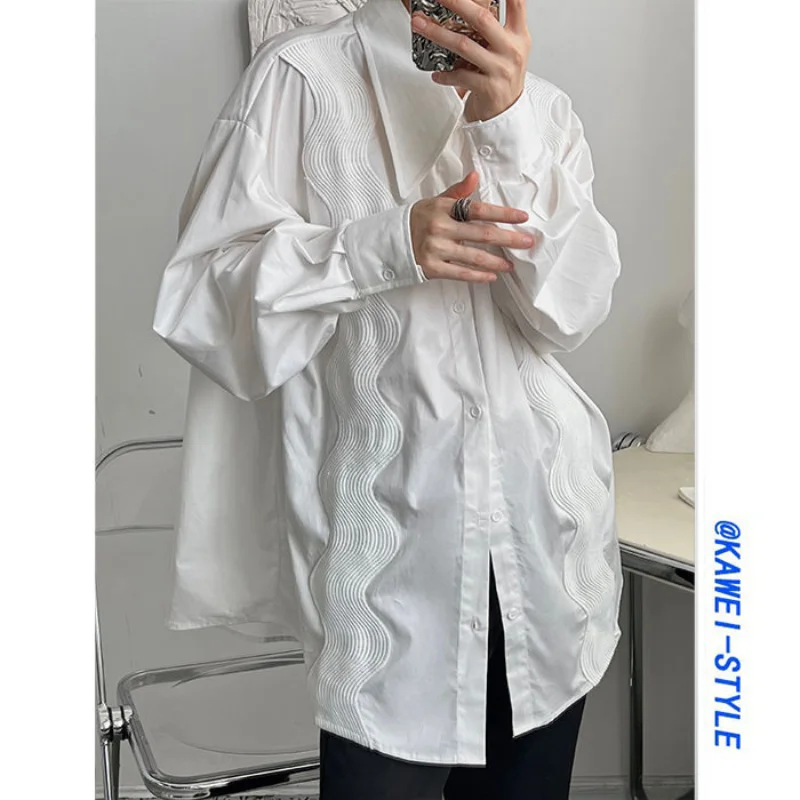 

2023 Spring Summer New French Long Sleeve Men's Clothing Trend Loose Lapel Spliced Button Casual Printed White Simplicity Shirt