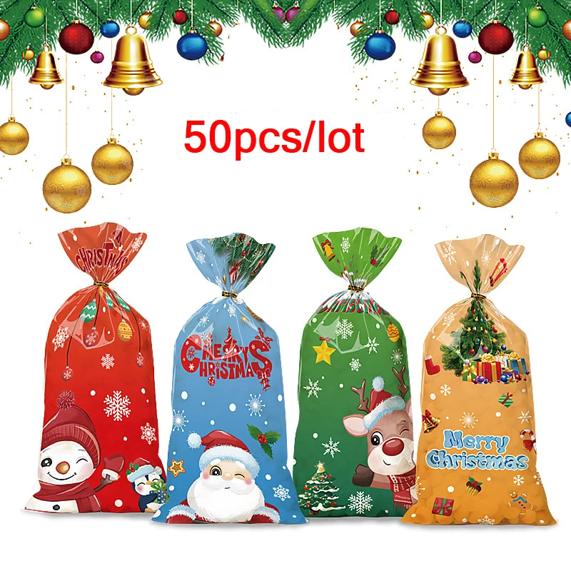 

50pcs Santa Claus Snowman Mixed Candy Bags Plastic Gift Bag Merry Christmas 2024 Home Decor For Christmas New Year Party