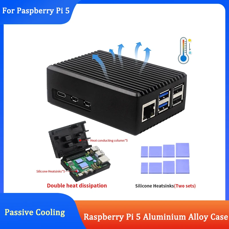 Raspberry Pi 5 Aluminium Alloy Case Metal Shell with Silicone Heatsinks Passive Cooling Enclosure for Raspberry Pi 5
Raspberry Pi 5 Aluminium Alloy Case Metal Shell with Silicone Heatsinks Passive Cooling Enclosure for Raspberry Pi 5