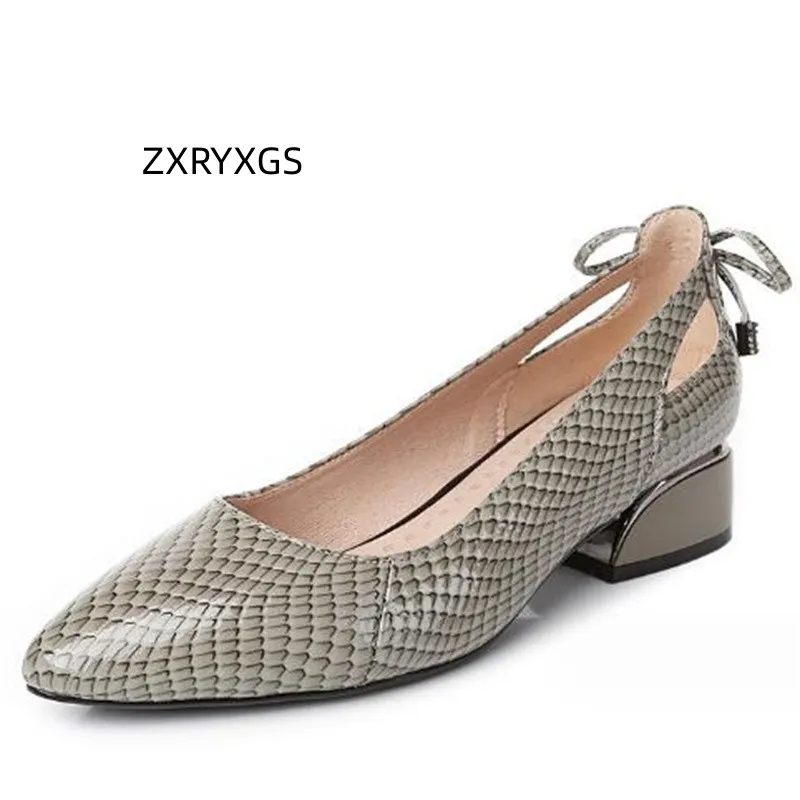 

ZXRYXGS 2024 Spring Summer Genuine Leather Snakeskin Grain Embossed Single Shoes Women Pointed Thick Mid Heel Shoe Large Size