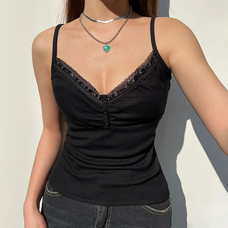 

Women Sexy V-Neck Backless Lace Patchwork Ruched Basic Crop Tank Top Y2K Summer Trendy Rib Knit Black Camis Slim Sleeveless Vest
