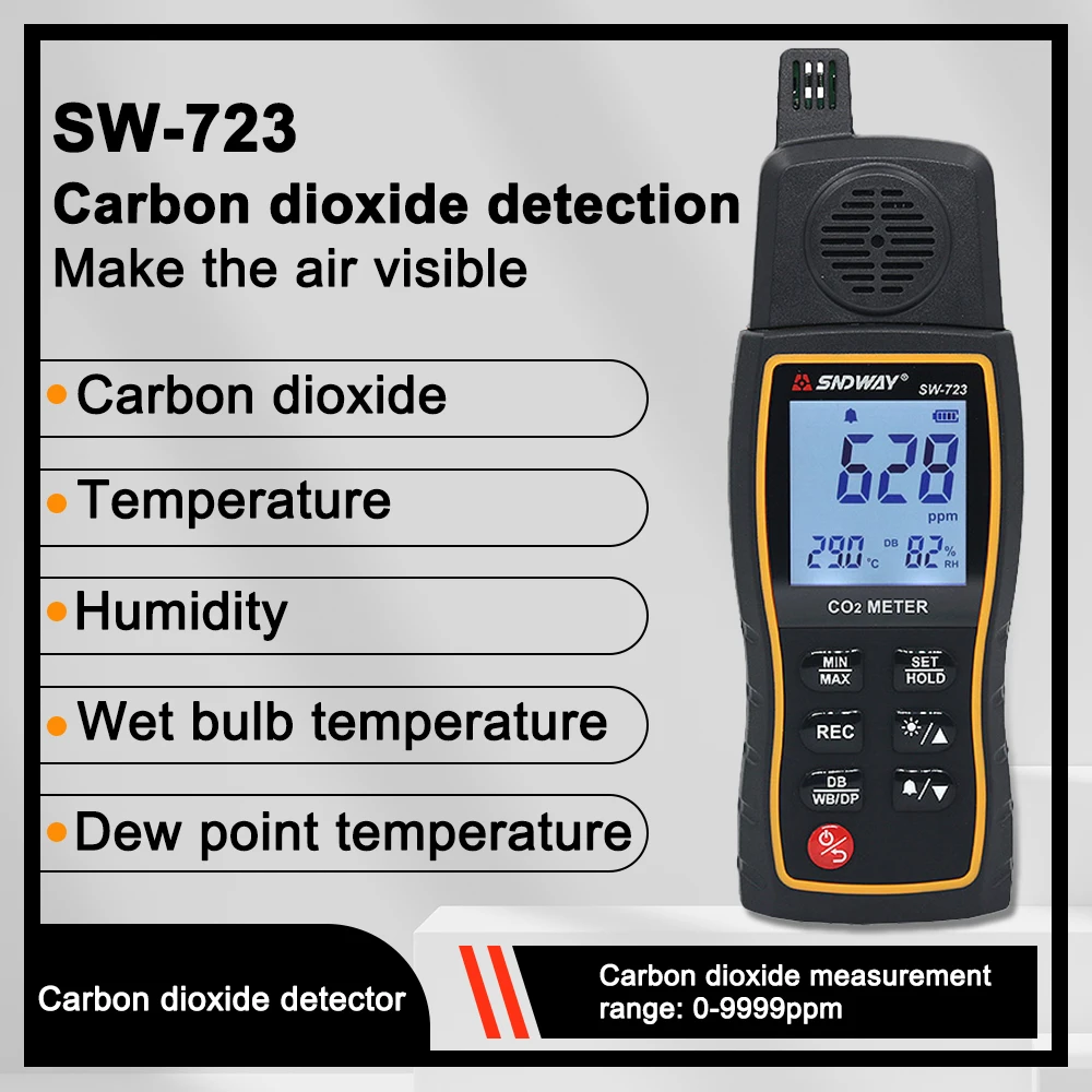 SNDWAY Digital CO2 METER SW-723 Carbon Dioxide Gas Detector Handheld 0-9999PPM Industrial/Household 3In1 Tester Thermohygrometer
SNDWAY Digital CO2 METER SW-723 Carbon Dioxide Gas Detector Handheld 0-9999PPM Industrial/Household 3In1 Tester Thermohygrometer