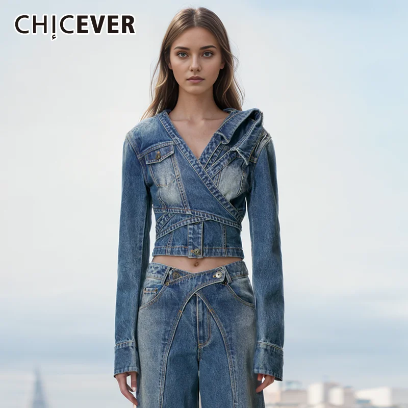 

CHICEVER Streetwear Vintage Denim Coats For Women V Neck Long Sleeve Asymmetrical Fashion Slimming Designer Jackets Female 2024