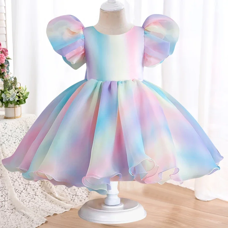 

Girls' Colorful Bubble Sleeve Princess Dress 2024 New Bow Blouse Dress Sweet Banquet Host Show Dress