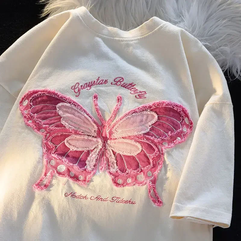 American Style Cotton Three Dimensional Embroidered Butterfly T-shirt Short Sleeved Women Ins Summer Loose Casual Top Clothing
American Style Cotton Three Dimensional Embroidered Butterfly T-shirt Short Sleeved Women Ins Summer Loose Casual Top Clothing