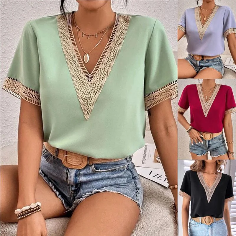 Women Summer Tops Fashion Clothes Ladies Solid Color Loose Lace Casual V-Neck Chiffon Blouses Short Sleeve Tee Shirts
Women Summer Tops Fashion Clothes Ladies Solid Color Loose Lace Casual V-Neck Chiffon Blouses Short Sleeve Tee Shirts