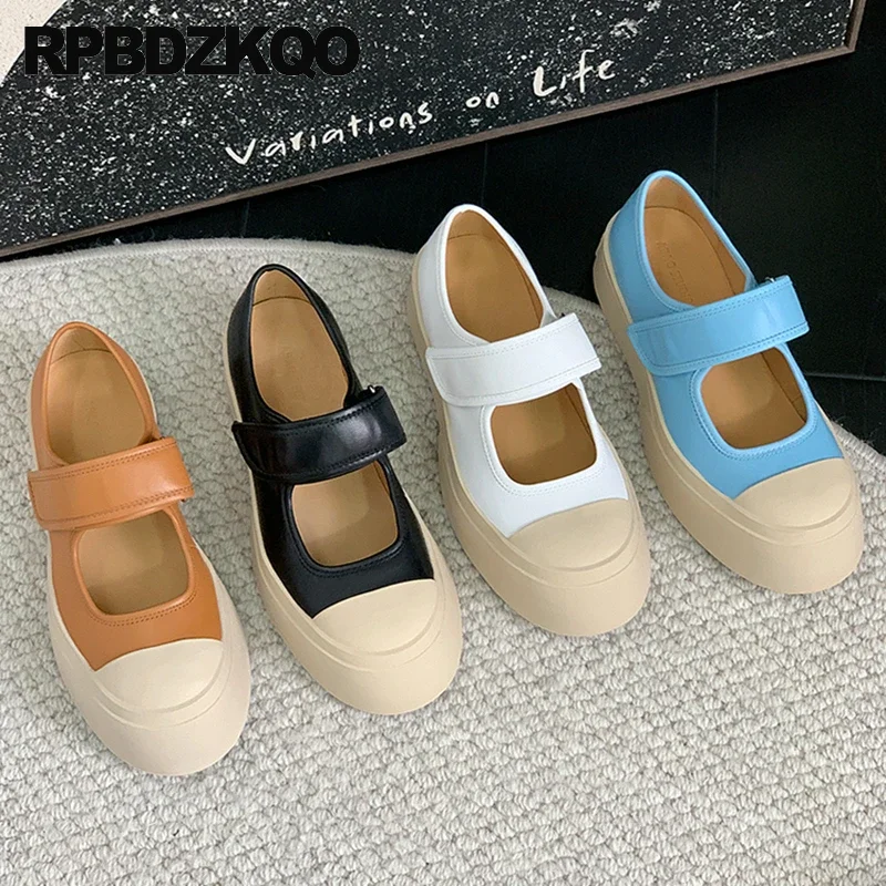 

Harajuku Muffin Thick Round Toe Strap Women Genuine Leather High Sole Flats Flatforms Creepers Cowhide Shoes Mary Jane Casual