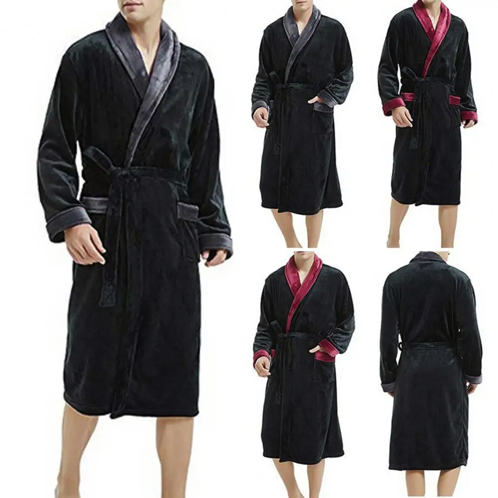 

Unisex Bathrobe Cozy Men's Winter Nightgown with Plush Coral Fleece Long Sleeves Tie Waist Soft Homewear Robe with for Ultimate