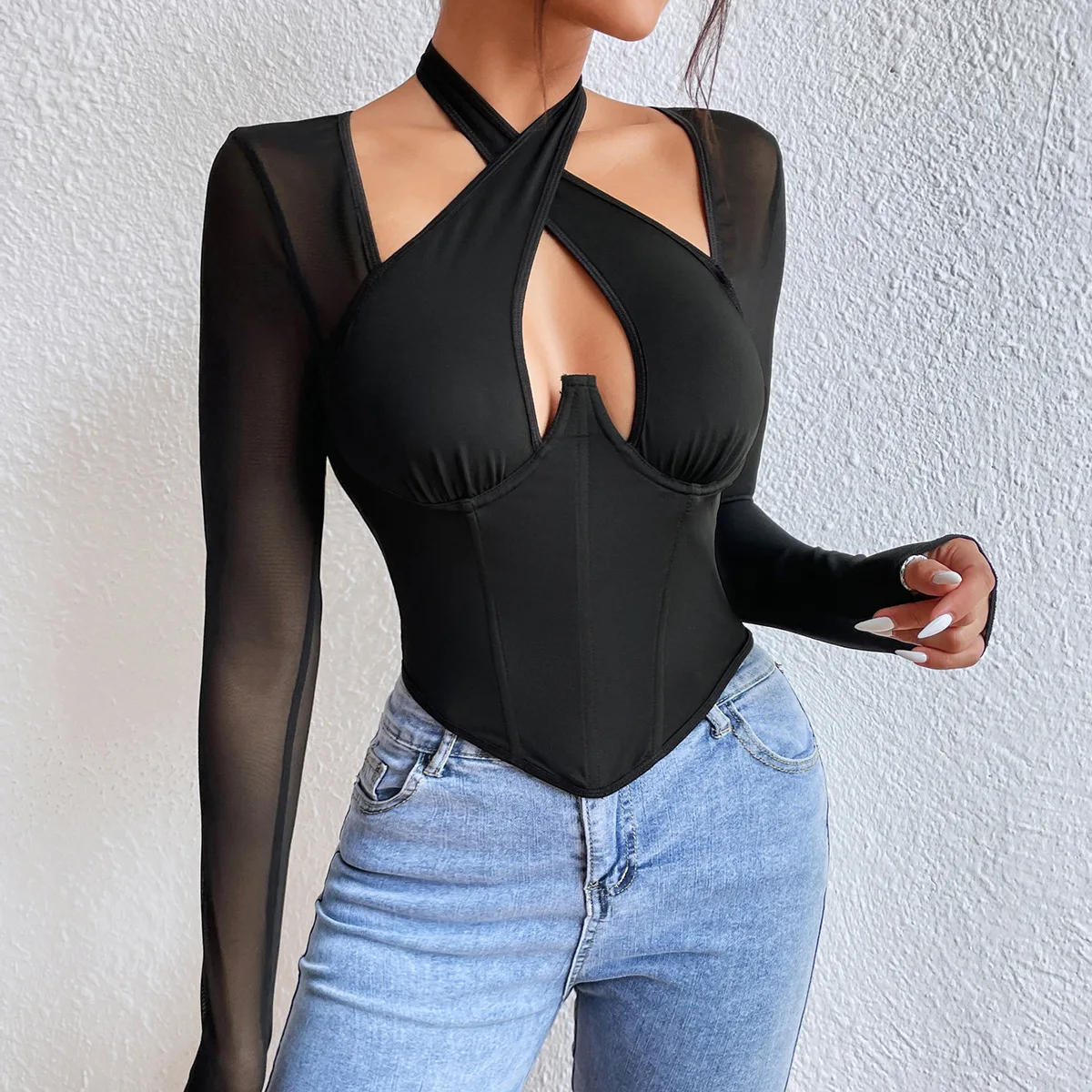 

Coquette Sheer Corset Crop Tops Summer Woman Clothes Black Cross-halter Long Sleeve Tank Top Tulle T-shirt Slim Bustier Camisole
