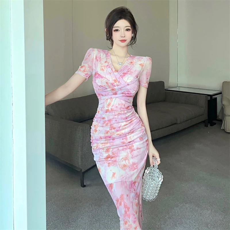 Sexy V Neck Fold Floral Print Dresses Summer Women Elastic kink Split Bodycon Mesh Dress Ladies Short Sleeve Slim Long Vestidos
Sexy V Neck Fold Floral Print Dresses Summer Women Elastic kink Split Bodycon Mesh Dress Ladies Short Sleeve Slim Long Vestidos