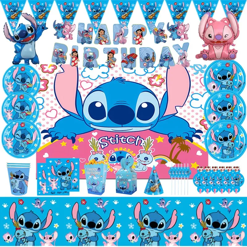 

Disney Stitch Balloons Party Supplies Kids Birthday Tableware Paper Cup Plate Napkin Backdrop Baby Shower Event Party Decoration