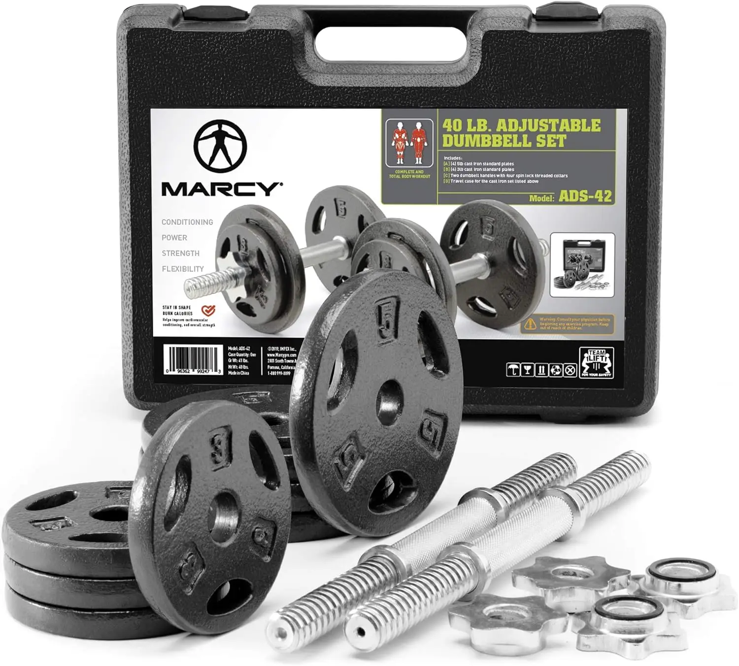 Adjustable Cast Iron Dumbbell Set with Case, Plates, Handles and Collars ADS-42, Chrome, 40 lb.
Adjustable Cast Iron Dumbbell Set with Case, Plates, Handles and Collars ADS-42, Chrome, 40 lb.