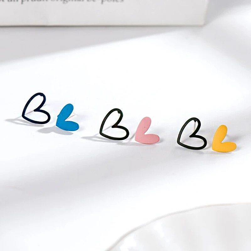 

1 Pair Asymmetric Heart Stud Earrings Lovely Pink Blue Geometric Heart Small Earrings Gift for Girls