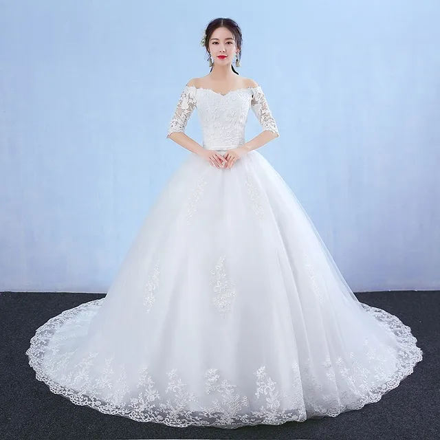 Robe De mariée classique en dentelle, épaules dénudées, manches mi-longues, élégante, grande taille 1