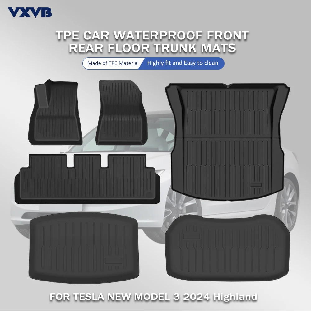 

For New Tesla Model 3 Highland 2023 2024 TPE Floor Mats Trunk Mat Waterproof Front Rear Trunk Liner Pad Interior Accessories