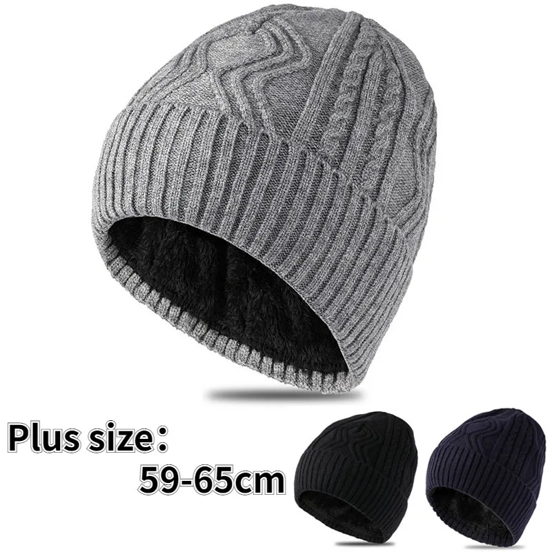 

Large Size Plus Velvet Knitted Hat Men Winter Warm Beanies Hat Winter Big Head Circumference Thick Skullies Cap 56-59cm 60-65cm