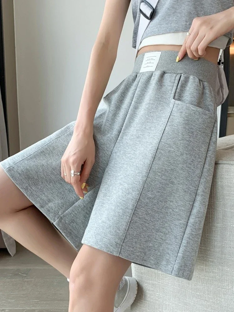 

Elastic Waist Wide Leg Joggers Shorts Women 2024 Summer Casual Knee Length Cotton Sweatpants Female Capris Bermuda Gray Z231