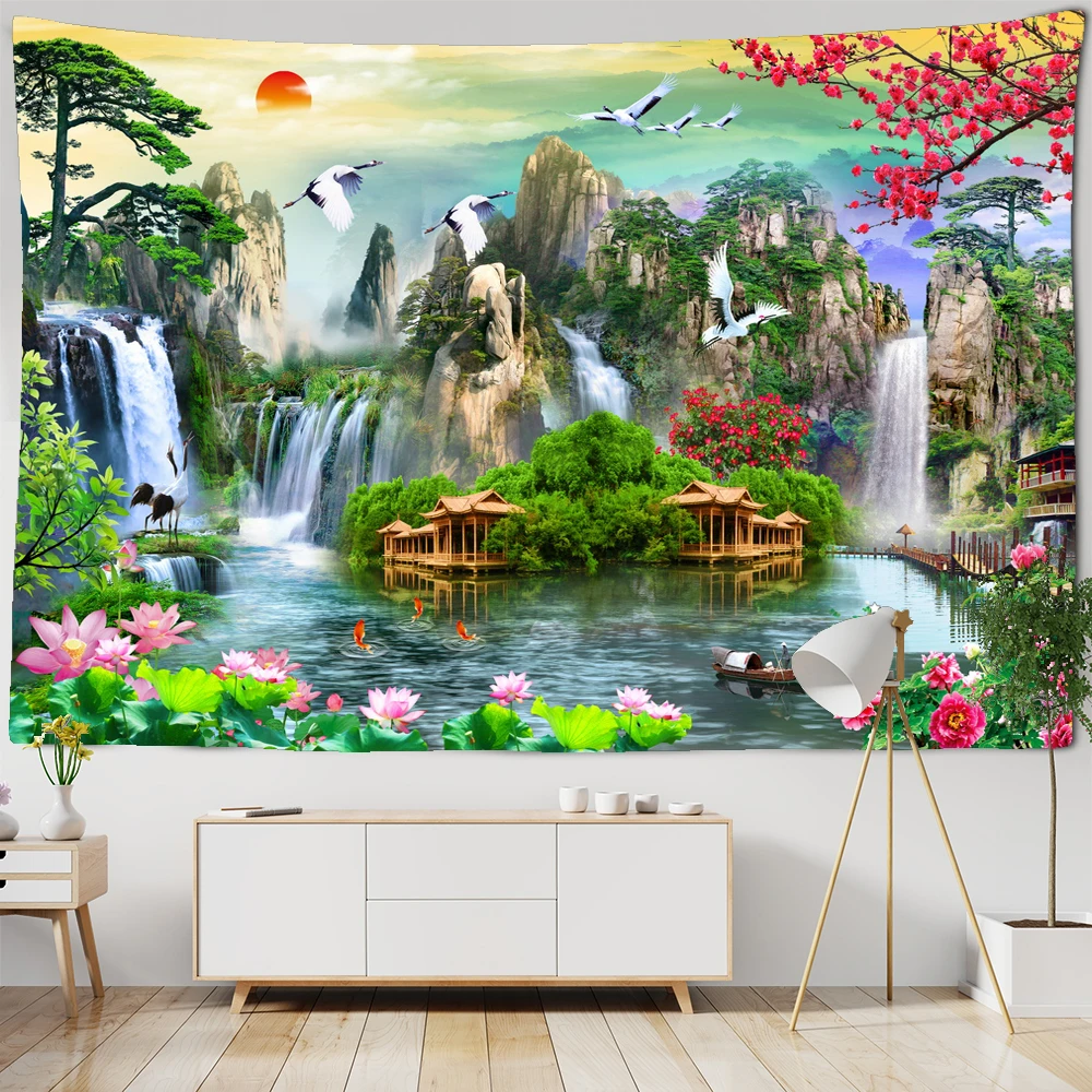 

Nature Landscape Tapestry High Mountain With Waterfall Birds Sunset Flower Wall Hanging for Home Decoration Wall Cloth Blanket