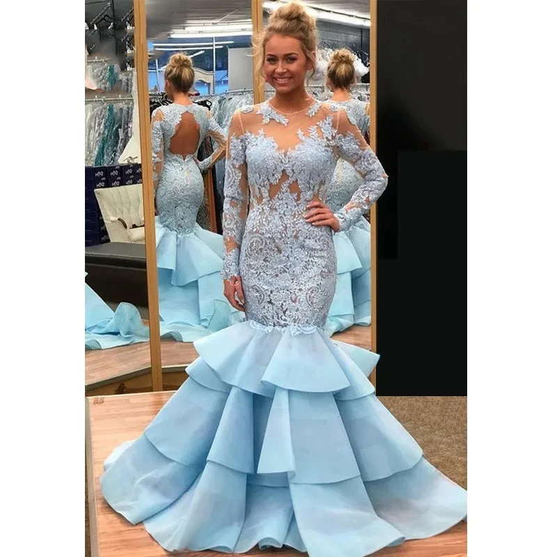 Sky Blue Mermaid Long Sleeve O-Neck Transparent Lace Print Sexy Off Back Luxury Elegant Ball Party Wrap Hip Dress Customization
Sky Blue Mermaid Long Sleeve O-Neck Transparent Lace Print Sexy Off Back Luxury Elegant Ball Party Wrap Hip Dress Customization